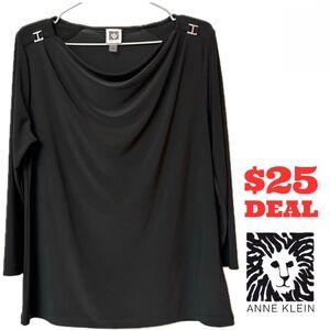 Anne Klein Drape Neck 3/4 Sleeve Black Jersey Top Shoulder Detail Size S